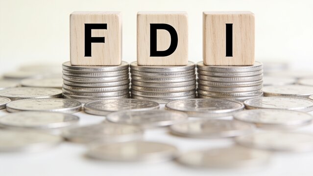Minimalist FDI foreign investment concept with wooden blocks and stacked coins