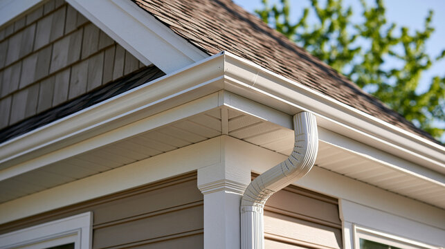 Wide Architectural View of White Rain Gutter and Downspout Installed along Residential Roof Edge