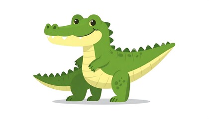 Fototapeta premium Cartoon green dinosaur standing on lush leaf.