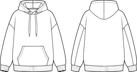 Oversized hoodie technical sketch, front and back view fashion flat, blank hooded sweatshirt vector template for apparel design mockups © Creative Wings