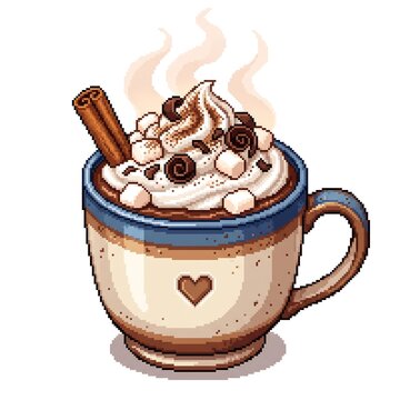 Pixel art hot chocolate drink with whipped cream and cinnamon stick on white background