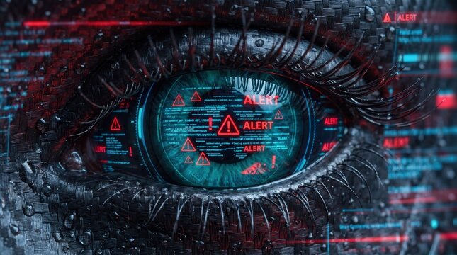 Futuristic Robotic Eye with Red Alert Warning HUD Display and Carbon Fiber Texture for Cybersecurity and Artificial Intelligence Interface Design