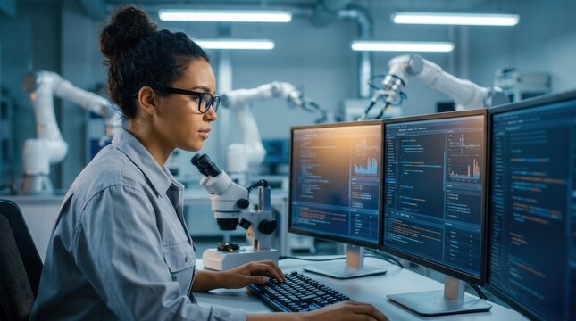 Female software engineer programming industrial robotic arms on multiple monitors in high-tech automation lab for smart factory development