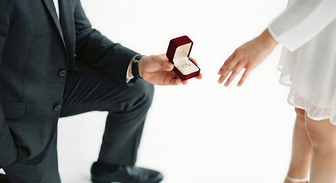 A man is kneeling, holding a ring box, proposing to a woman, White background.