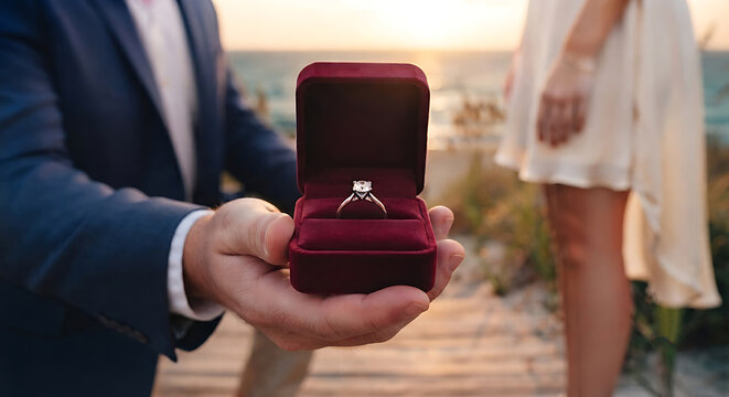 A man is kneeling, holding a ring box and showing it to the woman while proposing marriage by the sea.