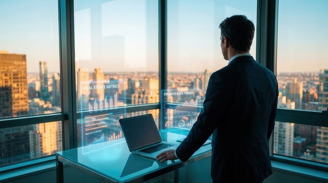 3D render of businessman analyzing real estate metrics and finance data trends via holographic interfaces in skyscraper office for investment strategy