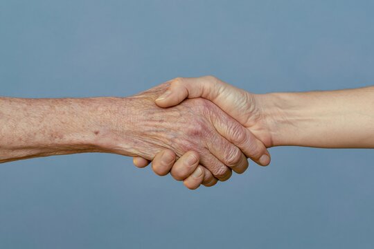 Close up of a weathered hand gripping another for a supportive rescue hold, showing textured skin and a firm clasp for concepts of help and unity