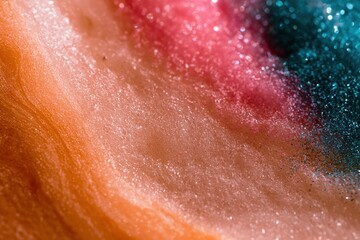 Fototapeta premium Abstract shimmering texture with teal and pink glitter over a warm orange gradient background for magical and festive creative designs