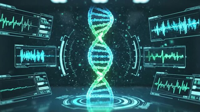 Futuristic holographic double helix DNA visualization with medical monitoring interfaces.