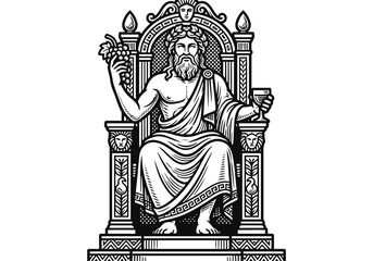 Fototapeta premium Ancient Greek God Dionysus Sitting on Throne Holding Grapes and Wine