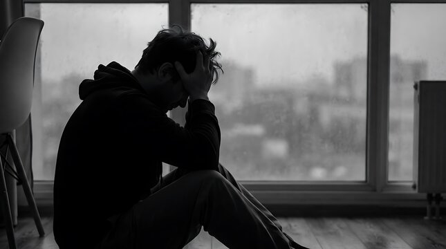 A depressed man sitting on the floor in front of a window feeling lonely and sad.