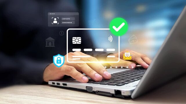 Secure Online Payment Concept. Businessman Using Credit Card for Online Transactions on Laptop. Digital Payments, Online Bills, E-Commerce, Cashless Payment, Cybersecurity, Financial Technology. 4K