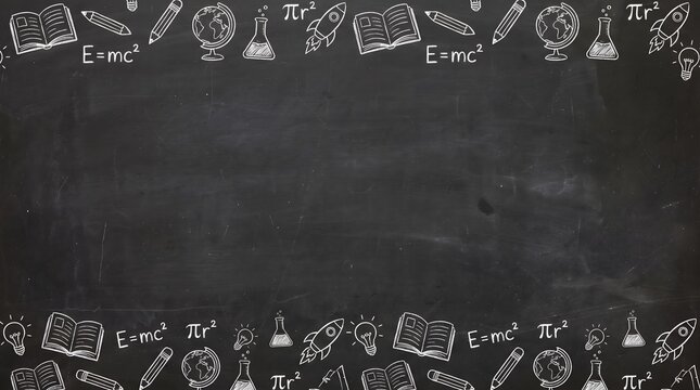 School supplies and science icons border on a black chalkboard background with space for text in the center for education and learning themed graphic design projects and presentations