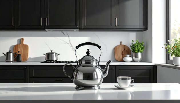 Shiny Stainless Kettle on White Kitchen Island in Modern Kitchen