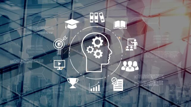 Conceptual illustration of knowledge, learning, and innovation with diverse educational icons represented against a modern city skyline background Gluon.