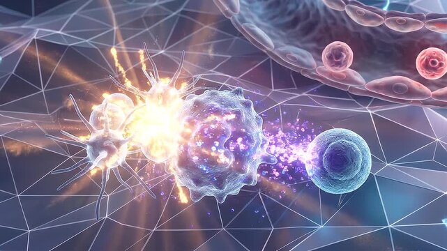Microscopic view of immune cells fighting viruses and bacteria in the bloodstream.