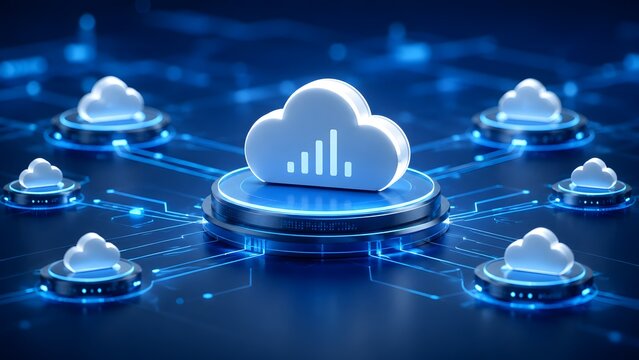 Digital cloud computing network with data analytics graph inside central node connected to distributed servers on dark blue background