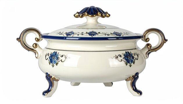 Elegant Porcelain Tureen with Blue Floral Pattern and Gold Accents