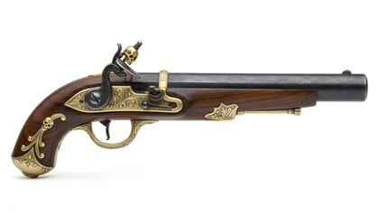Naklejka premium Antique ornate flintlock pistol isolated on white background.
