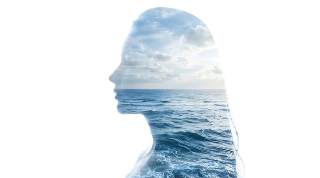 Double exposure silhouette of a woman combined with a serene ocean and cloudy sky.
