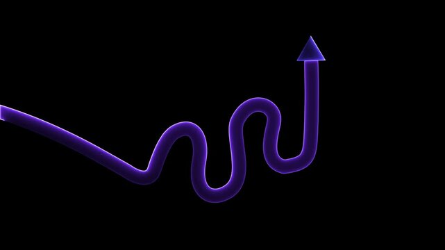 Arrow shape depicts a glowing purple neon line that curves upward in a zig-zag motion against a solid black background, effectively illustrating growth and upward progress for business presentations.