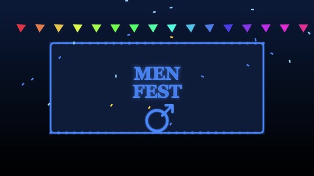 Men fest event title animation with colorful bunting flags and male gender symbol for masculine celebration and community gathering 4k