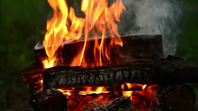 Cinematic close up of campfire flames burning firewood with natural crackling fire audio and bird sounds background, seamless loop video for relaxing lofi music, sleep screensaver and ASMR.