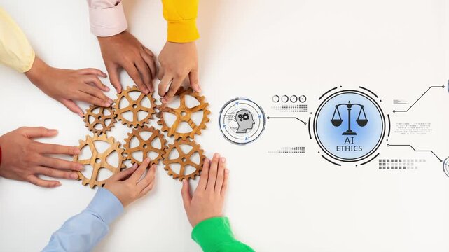 A visually striking image showcases diverse hands working together to assemble gears, symbolizing the collaborative effort needed in promoting ethical standards in artificial intelligence. Raster