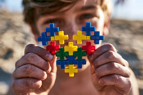 Young person holding colorful geometric interlocking plastic building blocks close to face outdoors with developmental