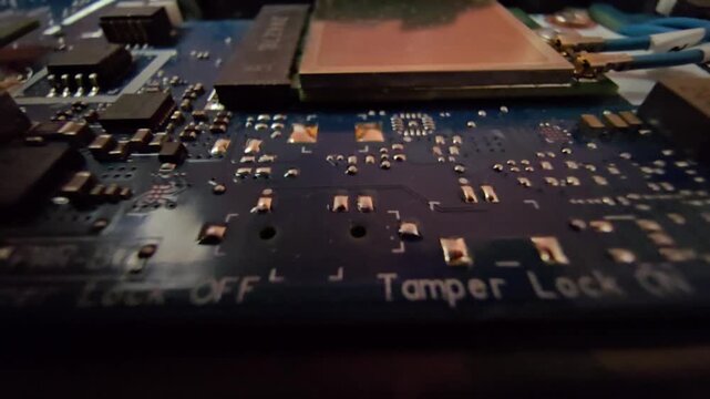 Close-up of a laptop motherboard showing surface-mount electronic components and text printed on the circuit board that reads "Tamper Lock ON" and "Tamper Lock OFF".