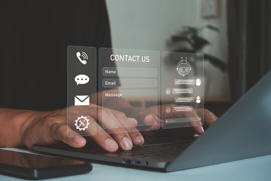 Modern customer support concept. Contact us form, chatbot, email, communication icons over laptop, representing online customer service, AI assistance, help desk, digital support, business technology.