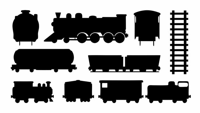 Set of various train carriages and locomotive silhouettes arranged on a clean white background with vector silhouettes