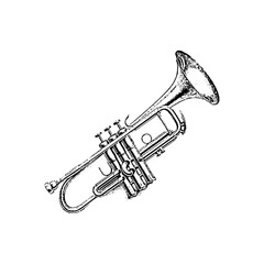 Obraz premium Detailed ink drawing of a trumpet brass musical instrument with instrument illustration classical orchestra monochrome isolated engraving symphony performance brassware metallic acoustic