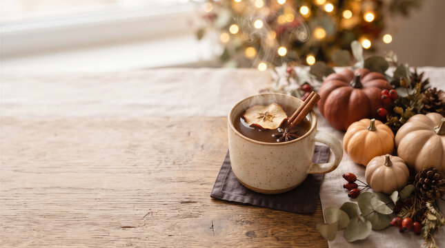 Warm spiced apple cider in a rustic mug with cinnamon stick, star anise, and dried apple slice, decorated with pumpkins and pinecones