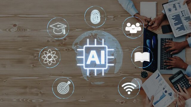 Digital Concept of Artificial Intelligence with Icons Representing Education, Technology, Science, and Communication on a Wooden Desk Background. Entropy.