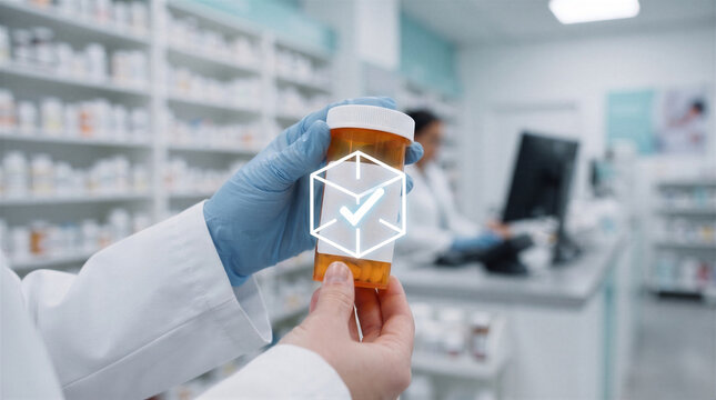 Pharmacist holding a prescription medication bottle with a digital shipping and delivery icon overlay in a pharmacy setting