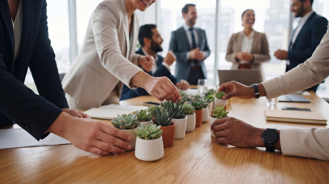 Diverse business team arranging small succulent plants on a wooden conference table during a collaborative office meeting