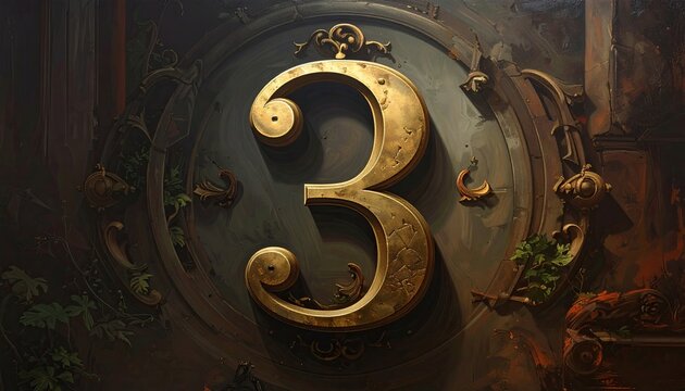 Elegant Golden 3 Number Emblem on Dark Round Panel with Ornate Details