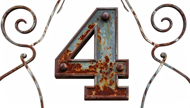Rusty Number Four Sign with Ornate Iron Scroll