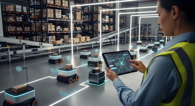 Female engineer using tablet to control autonomous robots in a smart warehouse logistics center
