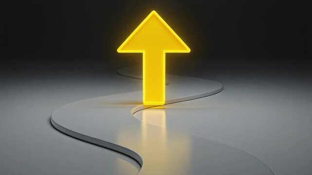 Glowing yellow arrow illuminating a sleek winding path in a dark futuristic space
