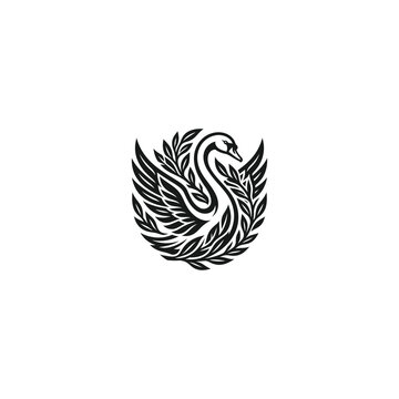 Elegant circular swan logo design integrated with laurel leaf wreath, vector illustration isolated on white background.