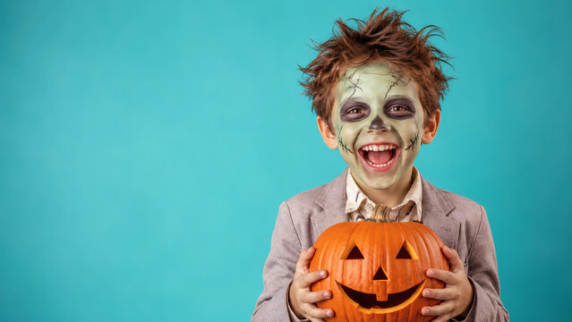 Spooky Halloween Fun: A young boy with a frightfully fun zombie face paint and messy hair joyfully clutches a carved pumpkin, ready for trick-or-treating or a costume party.