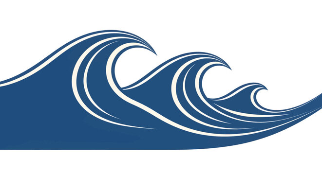 Stylized blue ocean waves with white outlines cresting against a clean white background, depicting dynamic water movement.