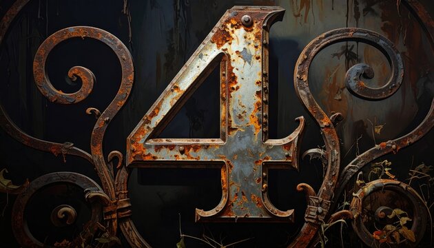 Rusty Ornate Number 4 Sign with Scrollwork