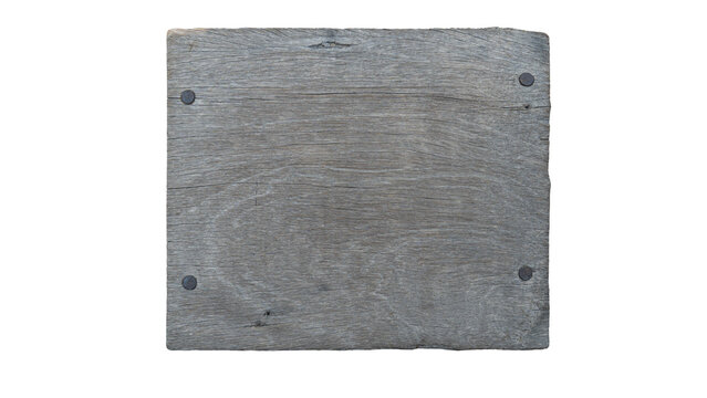 Rectangular dark wood sheet featuring natural grains and four corner nail. Isolated on a white background. The rustic wooden plank provides a sturdy structural texture.