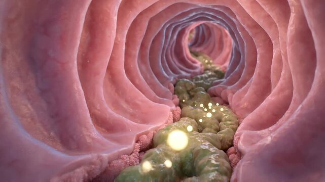 Microscopic view inside the human intestine with villi and waste material.