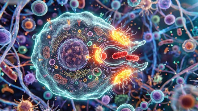 Microscopic view of a complex biological cell with internal structures and surrounding microorganisms.