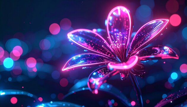 Futuristic Glowing Flower with Radiant Pink and Purple Light