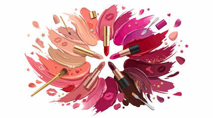 Fototapeta premium A vibrant circular display of diverse lipstick shades, swatches, and tubes, showcasing a wide spectrum of cosmetic colors from nudes to deep reds and berries.